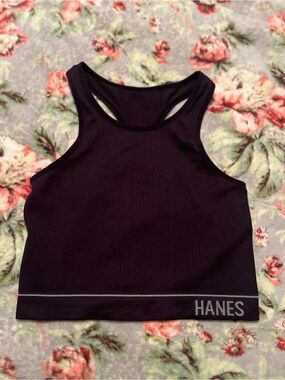 Hanes Black Ribbed Racerback Crop Athletic Lounge Tank Sz S